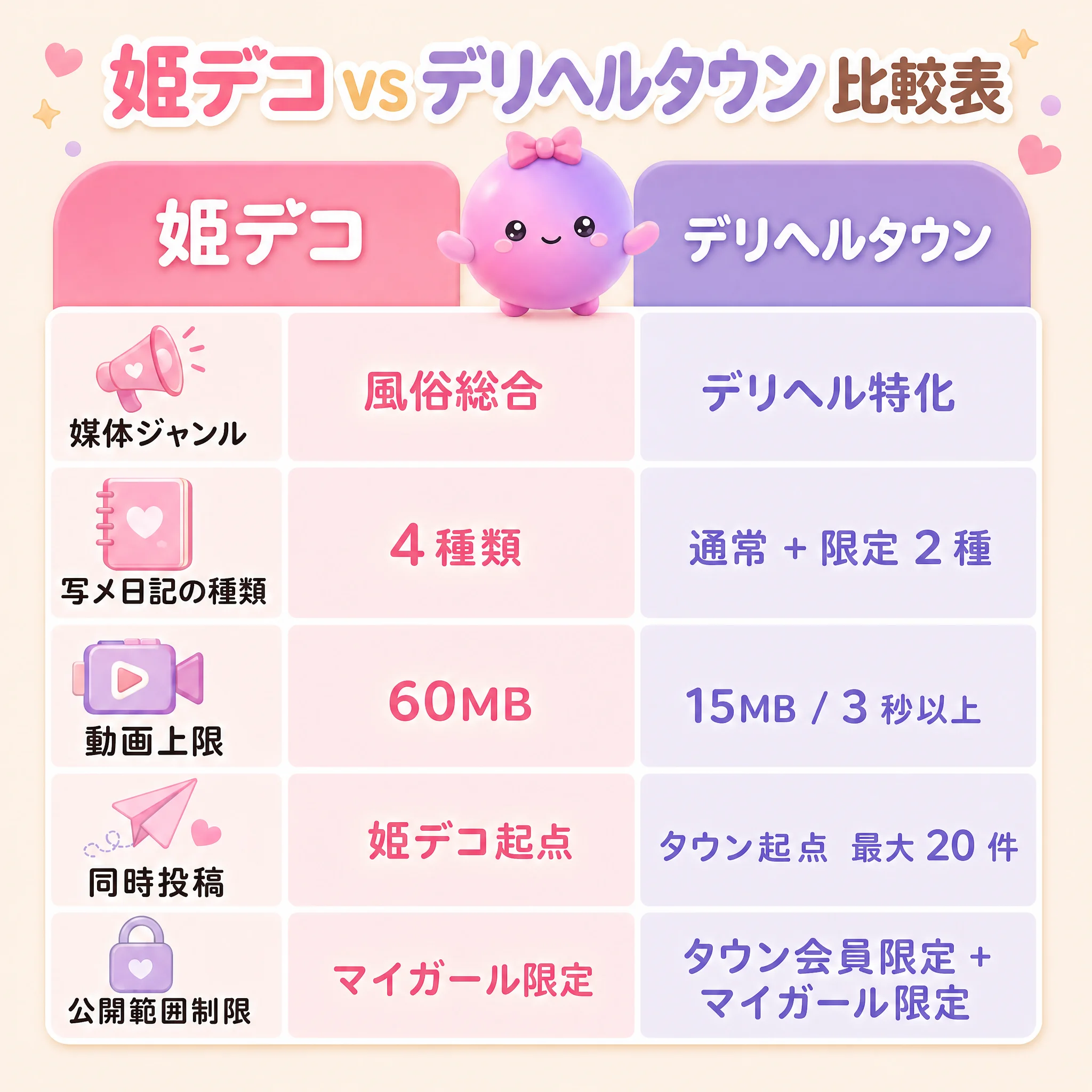 姫デコ vs デリヘルタウン 媒体仕様の比較インフォグラフィック