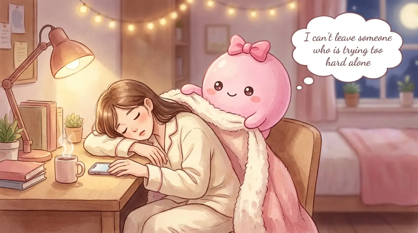 がんばりすぎている人を放っておけない — 夜にそっと毛布をかける、 ピンクの丸い体にリボンをつけたふーぺちゃん