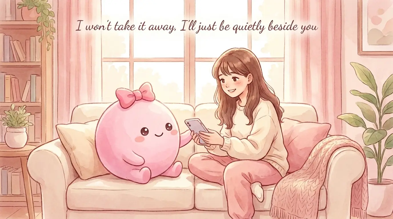 奪わない、 そっと隣で — ピンクの丸い体のふーぺちゃんがスマホを差し出している