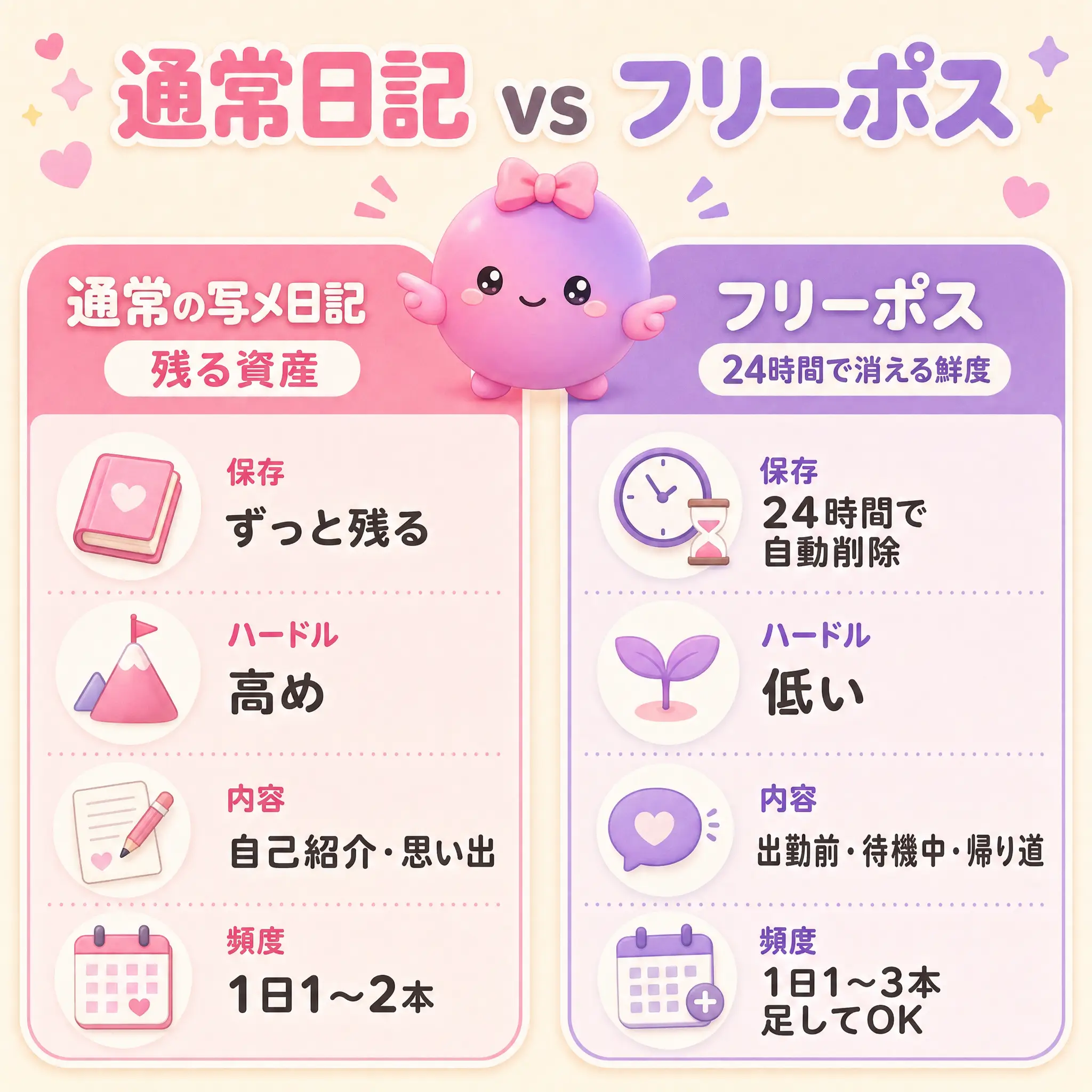 通常の写メ日記 vs フリーポス — 残る資産 vs 24 時間で消える鮮度