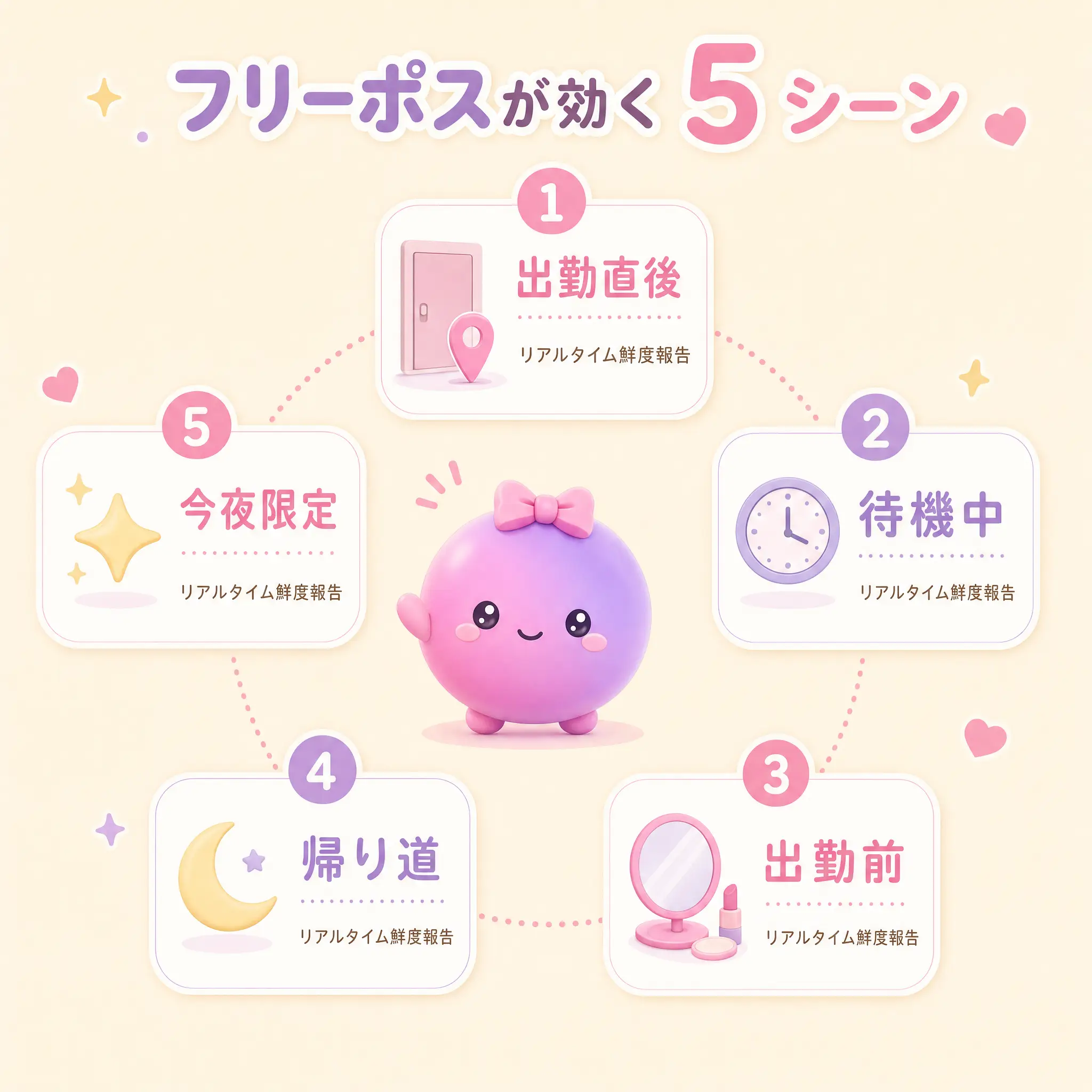 フリーポスが効く 5 シーン — 出勤直後 / 待機中 / 出勤前 / 帰り道 / 今夜限定