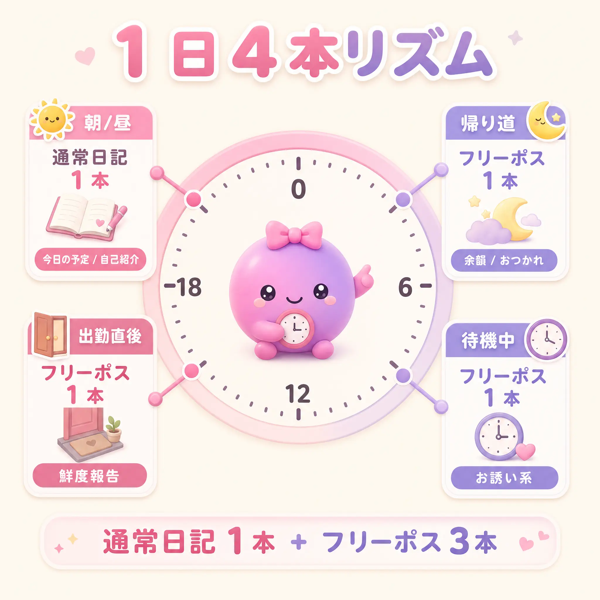 1 日 4 本リズム — 通常日記 1 本 + フリーポス 3 本の 24 時間配置