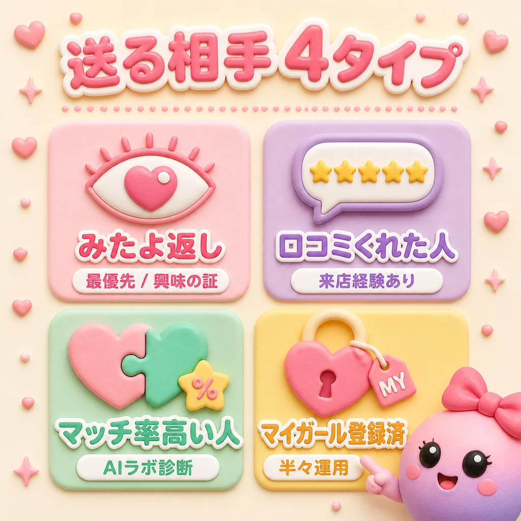 ミテネを送る相手 4 タイプ — みたよ返し / 口コミくれた人 / マッチ率高い人 / マイガール登録済