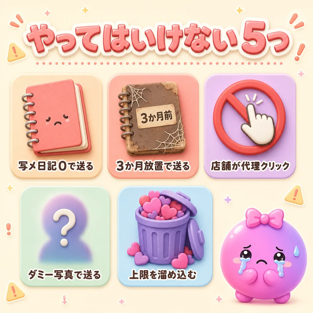 ミテネで絶対やってはいけない 5 つの NG 行動 — 写メ日記 0 で送る / 3 か月放置で送る / 店舗が代理クリック / ダミー写真で送る / 上限を溜め込む