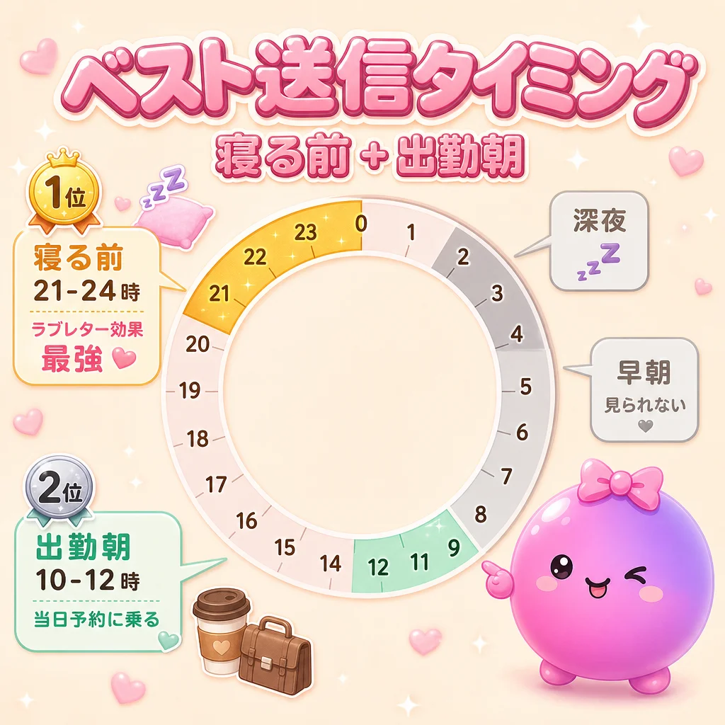 ミテネのベスト送信タイミング — 1 位 寝る前 21-24 時 ラブレター効果最強 / 2 位 出勤朝 10-12 時 当日予約に乗る / 早朝・深夜は避ける