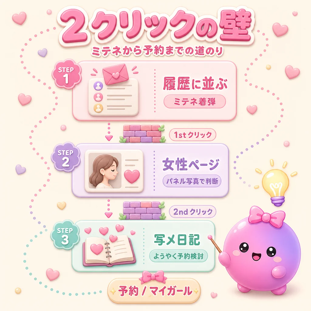 ミテネから予約までの 2 クリックの壁 — 履歴に並ぶ → 女性ページ → 写メ日記 → 予約 / マイガール の 3 ステップフロー