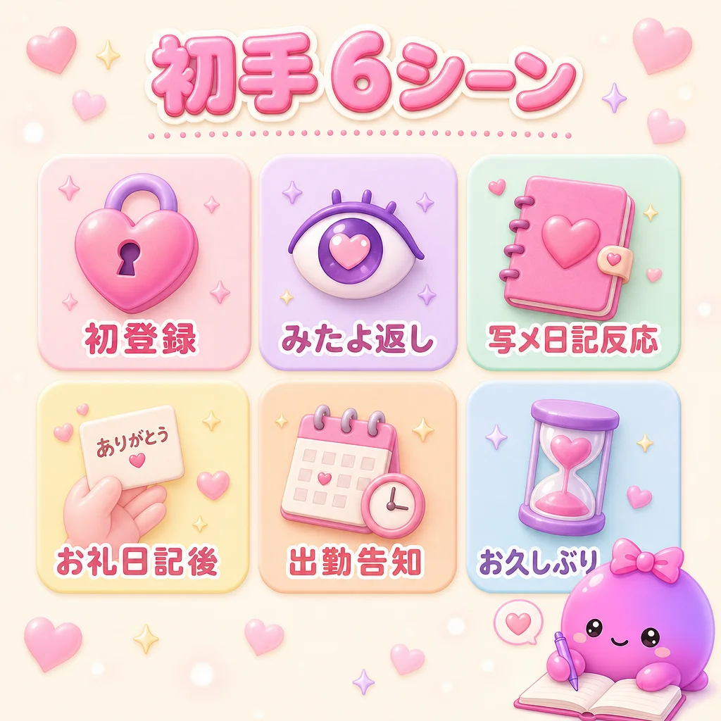 オキニトーク 初手 6 シーン — 初登録 / みたよ返し / 写メ日記反応 / お礼日記後 / 出勤告知 / お久しぶり