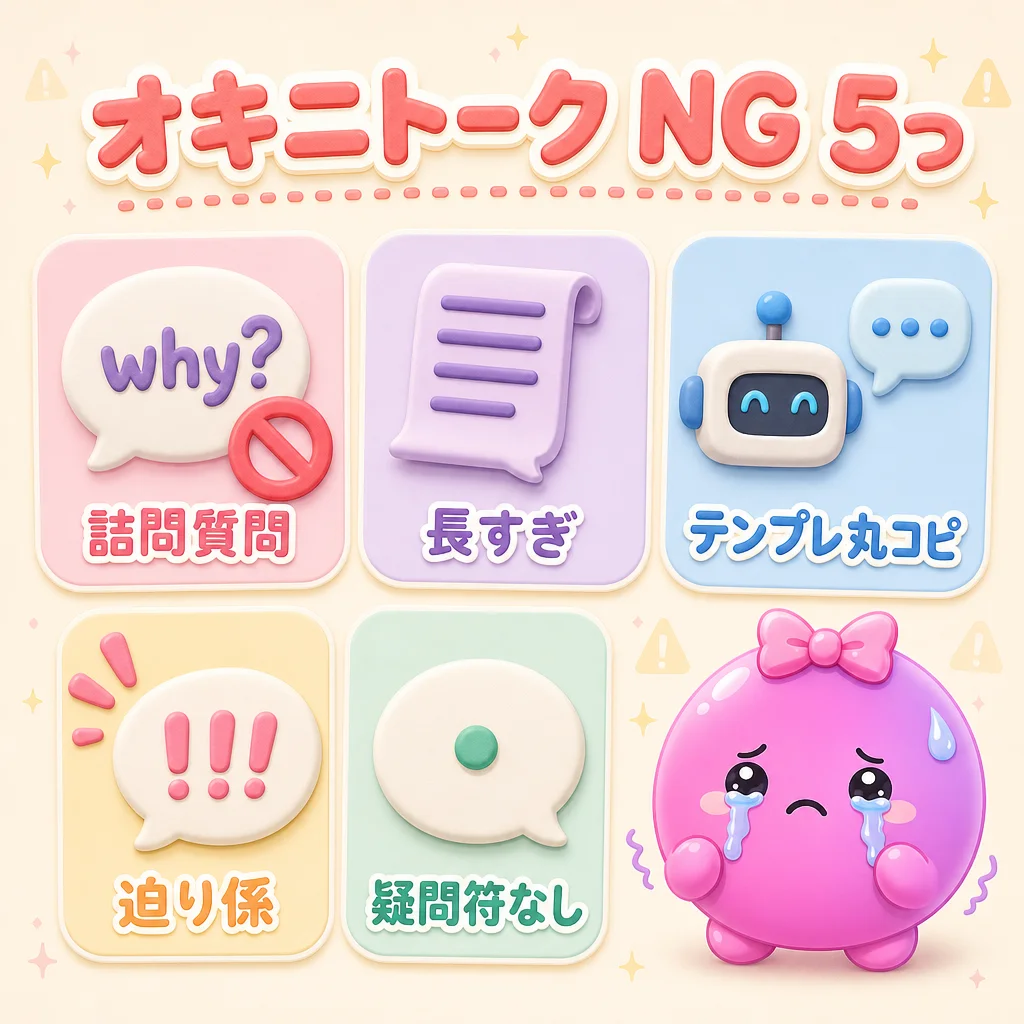 オキニトーク NG 5 つ — 詰問質問 / 長すぎ / テンプレ丸コピ / 迫り係 / 疑問符なし