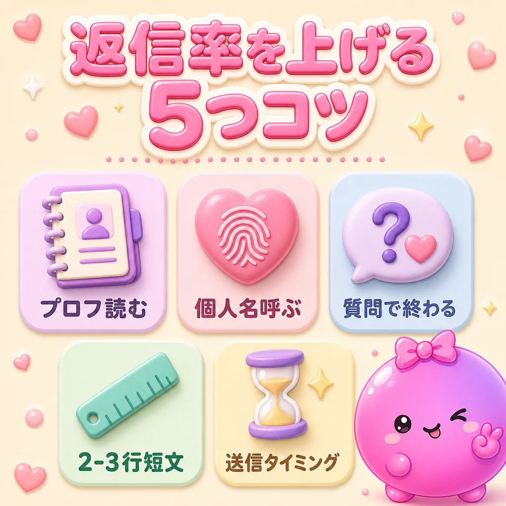 返信率を上げる 5 つコツ — プロフ読む / 個人名呼ぶ / 質問で終わる / 短文 / タイミング