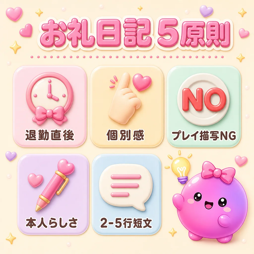 お礼日記 5 原則 — 退勤直後 / 個別感 / プレイ描写NG / 本人らしさ / 2-5 行短文