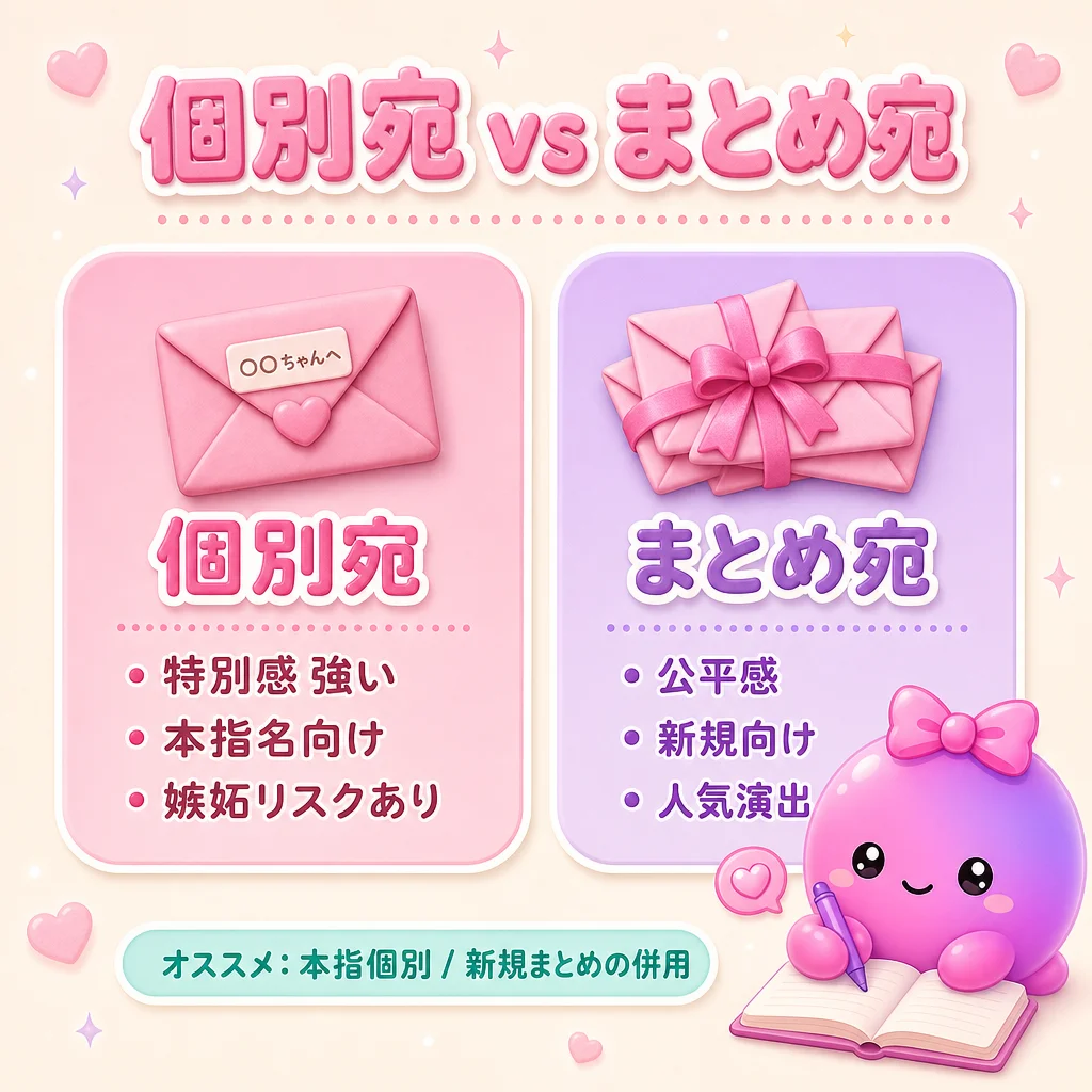 個別宛 vs まとめ宛 — 特別感 / 嫉妬リスク / 公平感 / 新規向け の使い分け