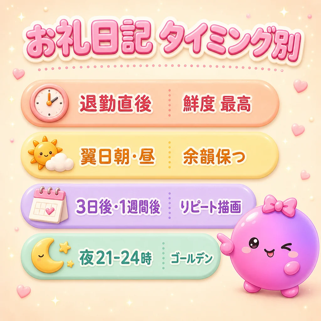 お礼日記 タイミング別 — 退勤直後 / 翌日朝昼 / 数日後 / 夜 21-24 時 の効果