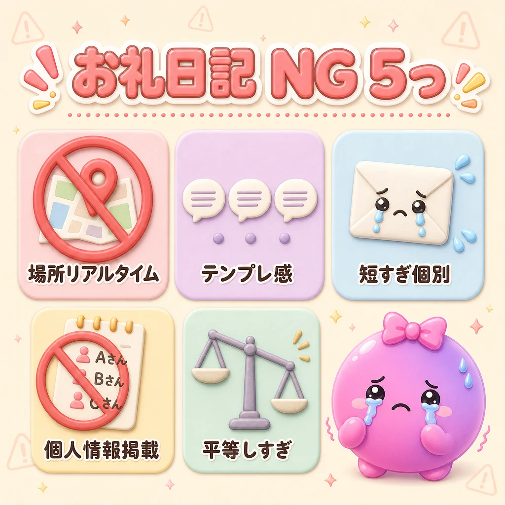 お礼日記 NG 5 つ — 場所リアルタイム / テンプレ感 / 短すぎ個別 / 個人情報掲載 / 平等しすぎ