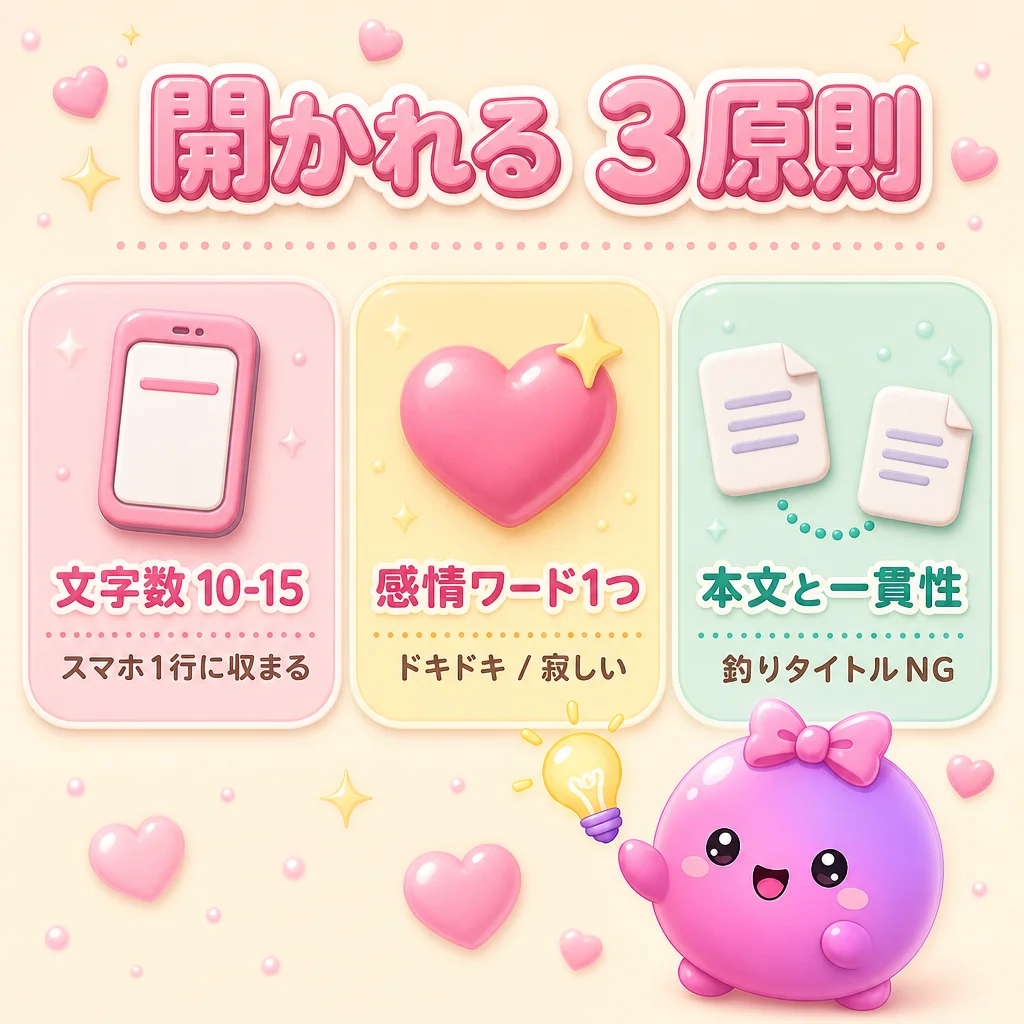 開かれる 3 原則 — 文字数 10-15 / 感情ワード 1 つ / 本文との一貫性
