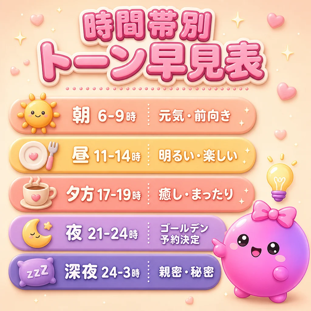 時間帯別 トーン早見表 — 朝 / 昼 / 夕 / 夜 / 深夜 で言葉のトーンを変える