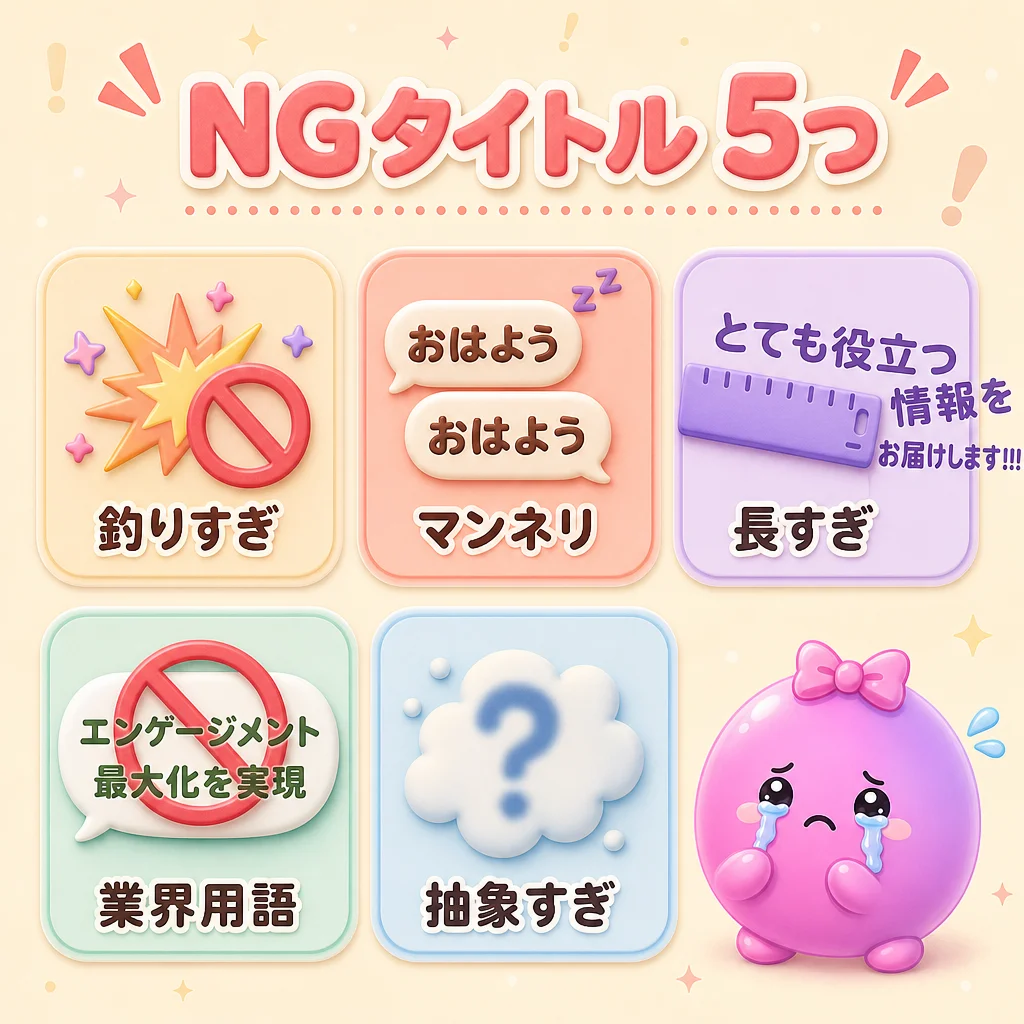 NG タイトル 5 つ — 釣りすぎ / マンネリ / 長すぎ / 業界用語 / 抽象すぎ